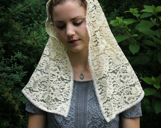 Evintage Veils~ READY TO SHIP St Michael the Archangel **  Deep Ivory Vintage Inspired Lace Chapel Veil Scarf Mantilla D Shape