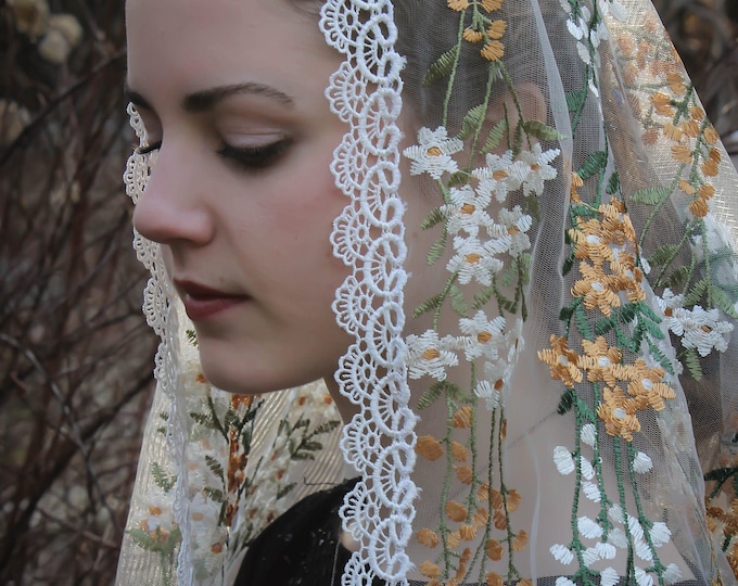 Evintage Veils~ Wildflowers Cream White or Black Floral  Lace Wrap Mantilla Floral Vintage Inspired Lace Chapel Veil Scarf Mantilla-