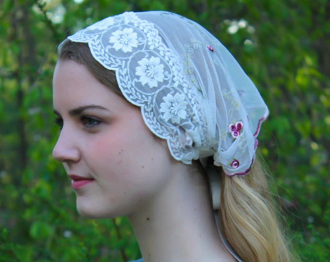 Evintage Veils~ St. Therese Little Flower& Lace Vintage-Inspired Headband Kerchief Tie-style Head Covering Church Veil