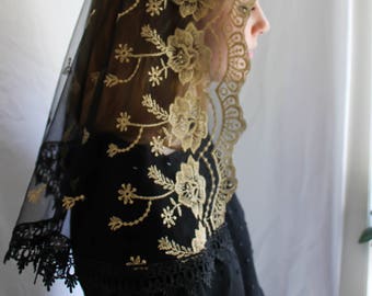 Evintage Veils~ Our Lady of Guadalupe Floral Gold & Black Embroidered (Short) D Shaped Veil~  Soft and Light!