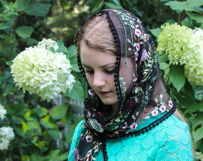 Evintage Veils~Wildflowers Black OR Ivory Floral  Lace Wrap Mantilla Floral Vintage Inspired Lace Chapel Veil Scarf Mantilla-
