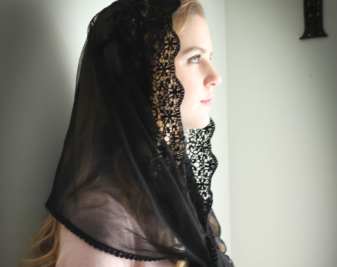 Evintage Veils~ Black or Ivory Lace French Chapel Veil Mantilla Head Covering Latin Mass: Wrap or Infinity Veil
