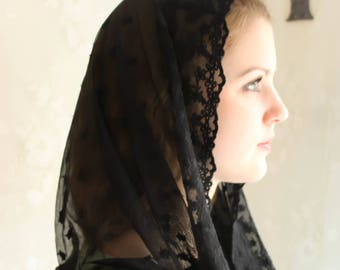 Evintage Veils~ READY TO SHIP Stella Maris Black  Lace Chapel Veil Mantilla Infinity Latin Mass