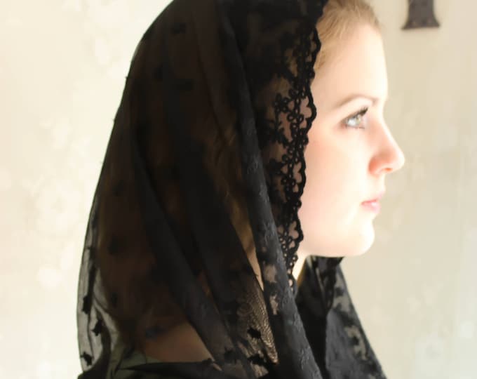Evintage Veils~ READY TO SHIP Stella Maris Black  Lace Chapel Veil Mantilla Infinity Latin Mass