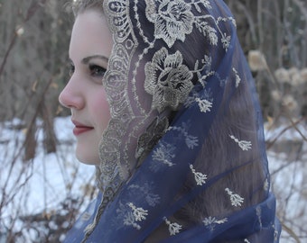 Evintage Veils~ Our Lady of Guadalupe Lovely Navy &Gold Embroidered  Traditional Vintage Inspired Infinity Veil Mantilla Chapel Veil