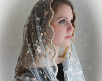 Evintage Veils~ ST Therese Little Flower Soft Ivory or Black Embroidered Lace Chapel Veil Mantilla Infinity Veil Latin Mass