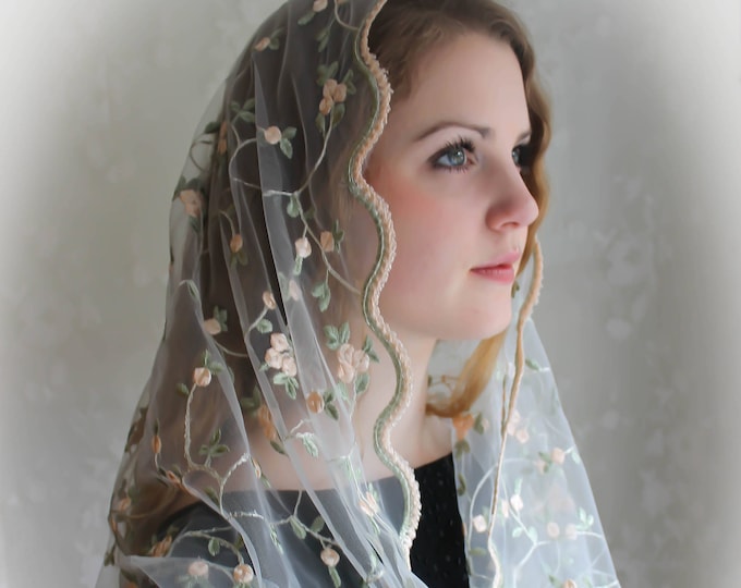 Evintage Veils~READY TO SHIP  St. Therese Little Flower Soft Ivory or Black Embroidered Lace Chapel Veil Mantilla Infinity Veil Latin Mass