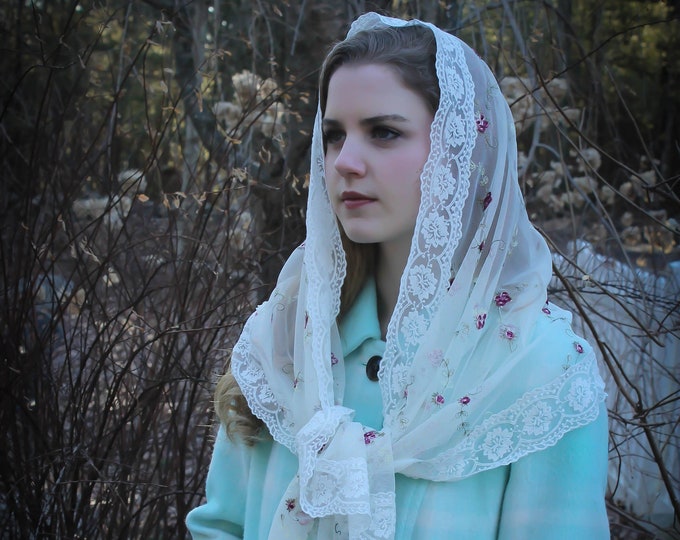Evintage Veils~ Ready to Ship St Therese Ivory Floral Embroidered  Lace Mantilla Chapel Veil Classic Wrap-Style Veil