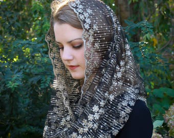 Evintage Veils~ READY TO SHIP Stella Maris Gold/Black  or Gold/Ivory Embroidered  Traditional  Infinity Shape Mantilla Chapel Veil