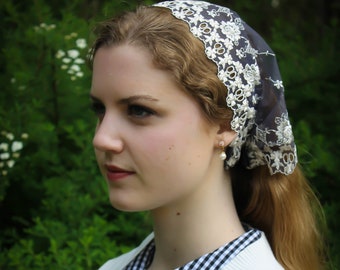 Evintage Veils~ Mist Eggplant Gray/Ivory Embroidered  Lace Vintage-Inspired Headband Kerchief Tie-style Head Covering Church Veil