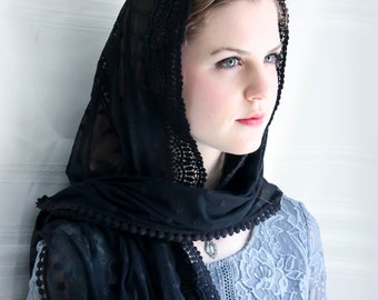 Evintage Veils~ Stella Maris Ivory or Black  Wrap-Style Chapel Veil Mantilla Latin Mass