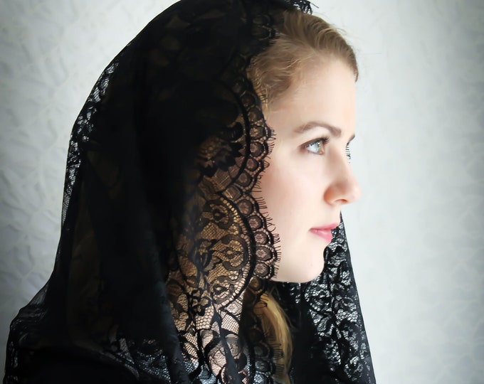 Evintage Veils: READY TO SHIP Black or White Spanish Style Lace Infinity Veil Chapel Veil Mantilla