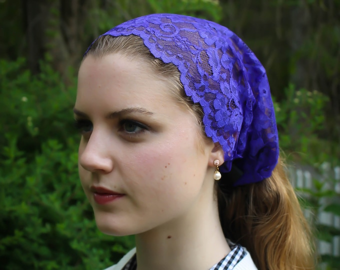 Evintage Veils~ Quiet Advent Lent Purple  Lace So Soft Headwrap  Headband Kerchief Tie-style Head Covering Church Veil
