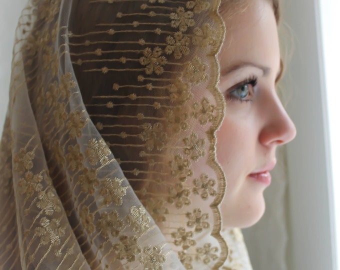 Evintage Veils~ READY TO SHIP Stella Maris Gold/Ivory  Embroidered  Traditional Vintage Inspired Infinity Shape Mantilla Chapel Veil