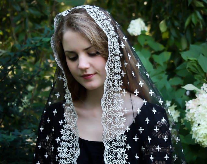 Evintage Veils~ Holy Cross Gold Embroidered  Traditional Black Vintage Inspired Long D Shape Mantilla Chapel Veil