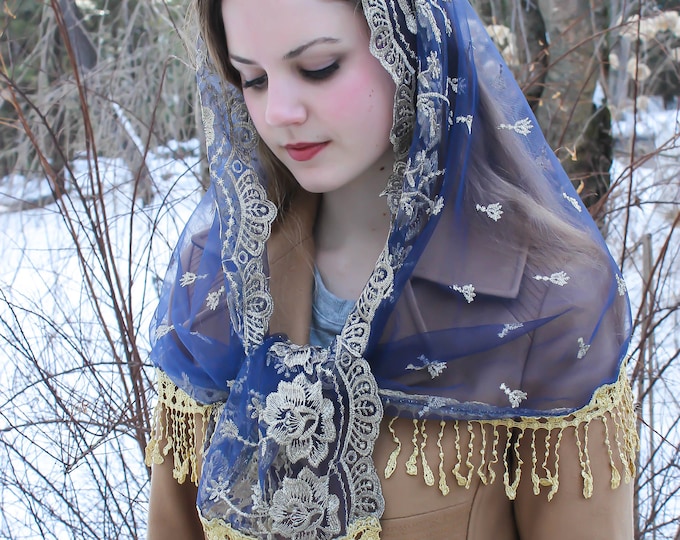 Evintage Veils~ Our Lady of Guadalupe Lovely Navy &Gold Embroidered  Traditional Vintage Inspired Wrap-Style Veil Mantilla Chapel Veil