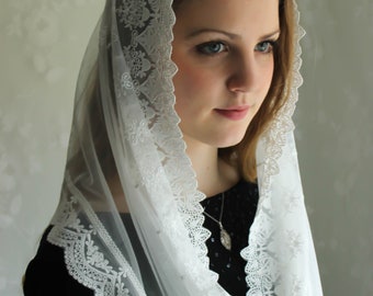 Evintage Veils: Ready to Ship "Our Lady of the Doves"  Lace Infinity Mantilla Chapel Veil White Embroidered