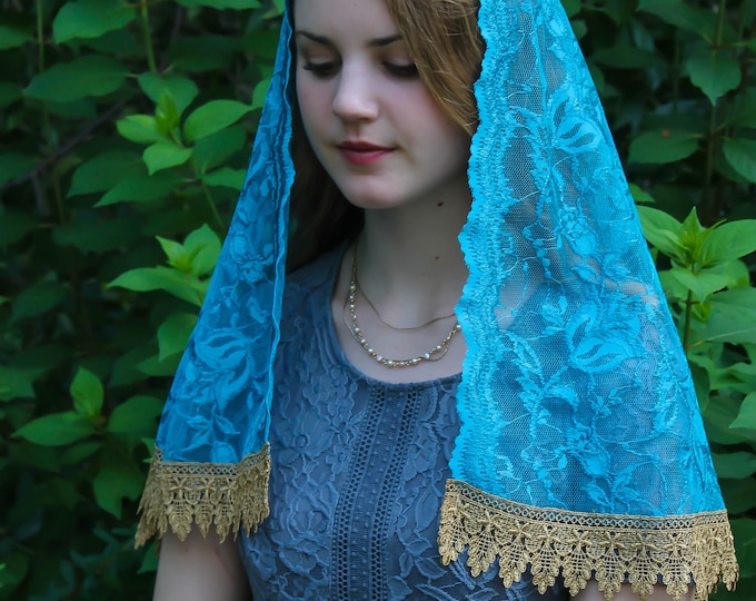 Evintage Veils~ Our Lady Turquoise & Gold  Embroidered Lace Chapel Veil Mantilla Latin Mass D Shaped  Veil