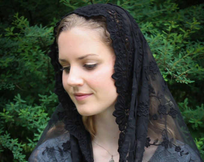 Evintage Veils~Our Lady of Guadalupe Black  or Ivory Wrap-Style Chapel Veil Mantilla Latin Mass
