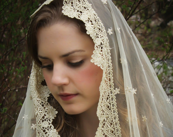 Evintage Veils~ Our Lady of the Lily  Gold Embroidered  Lace Chapel Veil Mantilla Cascading Rectangle Veil