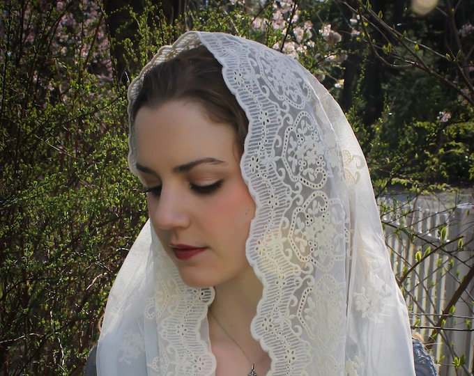 Evintage Veils~ READY TO SHIP Our Lady of Angels** Antique Ivory  Vintage Inspired Lace Chapel Veil Mantilla Infinity Veil