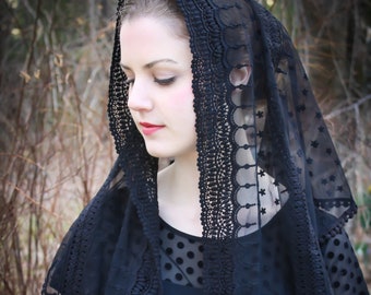 Evintage Veils~ Stella Maris Black or White Triangle Style Chapel Veil Mantilla Latin Mass