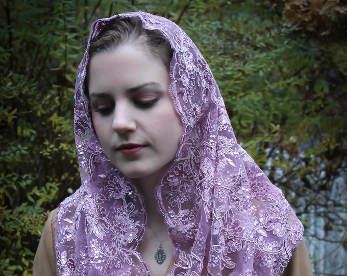 Evintage Veils~ READY TO SHIP Queen of Peace Dusty Rose Mauve Sequin Embroidered Lace Chapel Veil Mantilla Infinity Veil Latin Mass