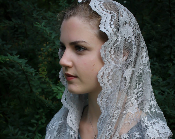 Evintage Veils~READY TO SHIP  Chantilly  Mist Pale Gray Lace Infinity  Veil Vintage Inspired Lace Chapel Veil Scarf Mantilla