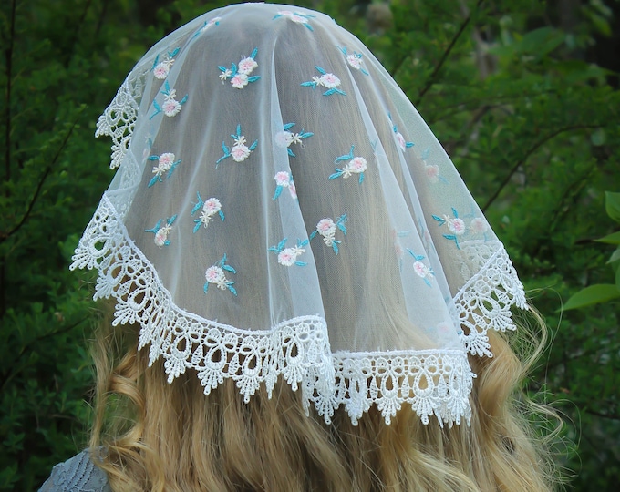 Evintage Veils~Soft Wildflowers "Joyful Mysteries"  Princess Style Traditional Catholic Embroidered  Lace  Mantilla Chapel Veil