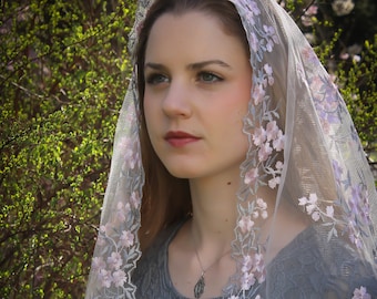 Evintage Veils~ READY TO SHIP Our Lady of the Rosary "Joyful Mysteries" Rose/Gray Vintage Inspired Lace Chapel Veil D Shape