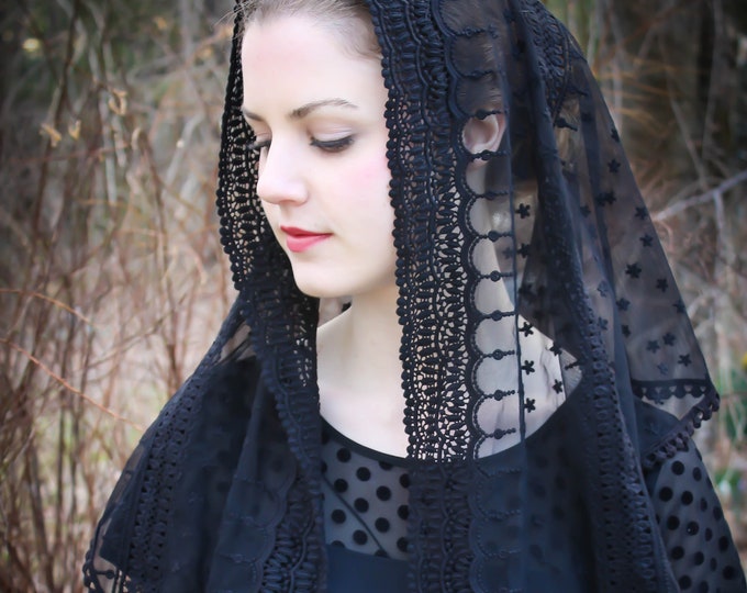 Evintage Veils~ Stella Maris White,  Ivory, or Black  Triangle Style Chapel Veil Mantilla Latin Mass