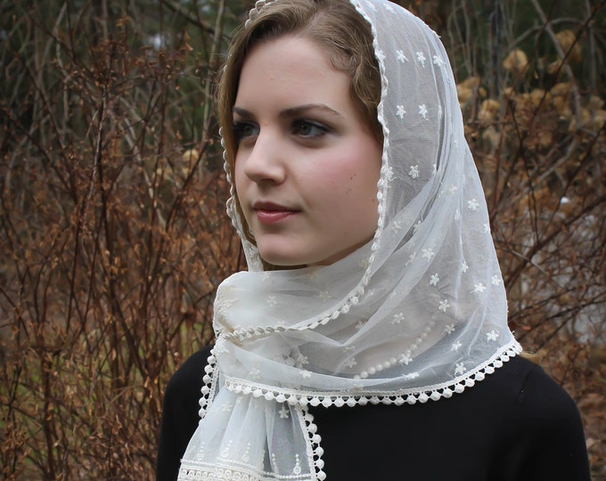 Evintage Veils~READY TO SHIP  Stella Maris Ivory or Black  Small Wrap-Style Chapel Veil Mantilla Latin Mass