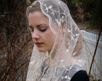 Evintage Veils~  St. Therese Little Flower Blush Pink  +  FIVE Colors Embroidered Lace Chapel Veil Mantilla Infinity Veil