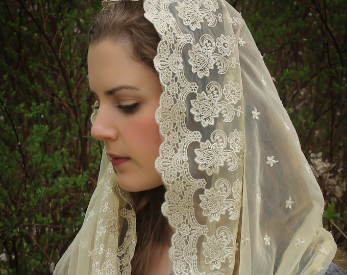 Evintage Veils~ READY TO SHIP  Infinity Veil Golden Our Lady of the Lily  Embroidered  Lace Chapel Veil Mantilla