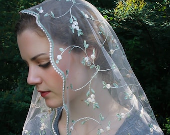 Evintage Veils~ST. Therese Little Flower Pale Pink Lace Mantilla Chapel Veil  D Shaped Mantilla OR  Shawl Wrap