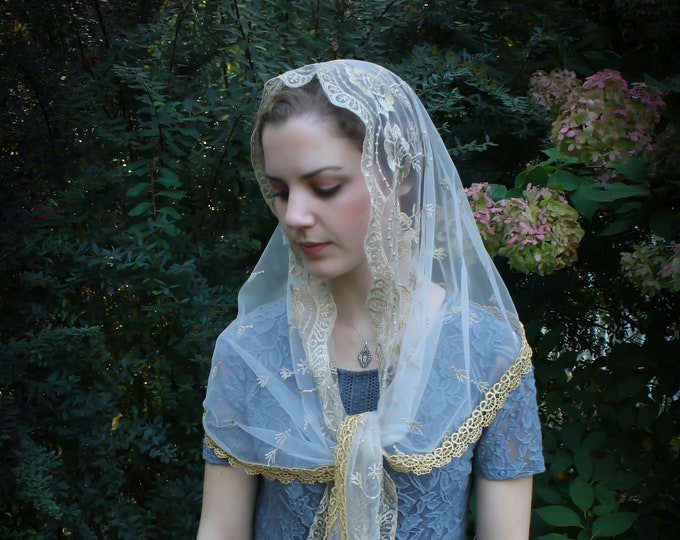 Evintage Veils~ Our Lady of Guadalupe Lovely Ivory & Gold Embroidered  Traditional Vintage Inspired Wrap-Style Mantilla Chapel Veil