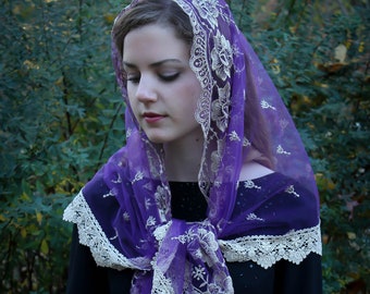 Evintage Veils~ Our Lady of Guadalupe Lovely Advent Lent Purple OR Red OR Ivory Embroidered  Traditional Wrap-Style Mantilla Chapel Veil