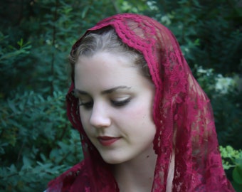 Evintage Veils~ READY TO SHIP Chantilly Soft Burgundy Lace Infinity  Veil Vintage Inspired Lace Chapel Veil Scarf Mantilla