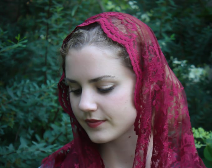 Evintage Veils~ READY TO SHIP Chantilly Soft Burgundy Lace Infinity  Veil Vintage Inspired Lace Chapel Veil Scarf Mantilla