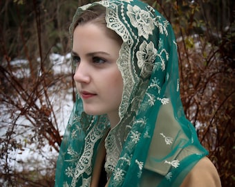 Evintage Veils~ NOT QUITE PERFECT Our Lady of Guadalupe Deep Green   Traditional Vintage Inspired Infinity Veil Mantilla Chapel Veil