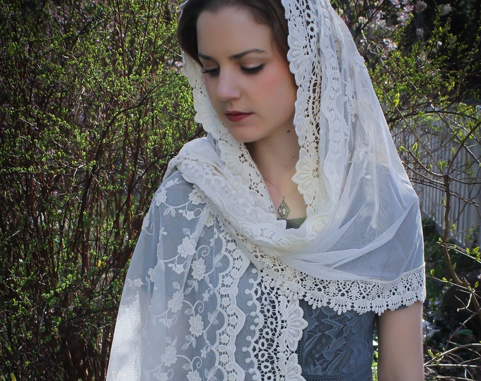 Evintage Veils~Our Lady of Guadalupe Ivory or Black Wrap-Style Chapel Veil Mantilla Latin Mass