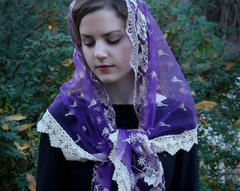Evintage Veils~ Our Lady of Guadalupe Lovely Advent Lent Purple Wrap Style Veil