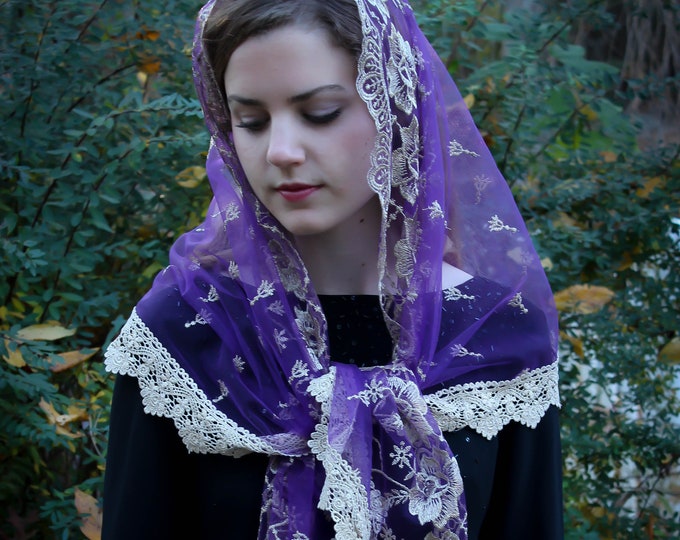 Evintage Veils~ Our Lady of Guadalupe Lovely Advent Lent Purple Wrap Style Veil