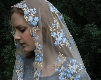 Evintage Veils~ Our Lady of the Rosary "Joyful Mysteries" Marian Blue and Gold Vintage Inspired Lace Chapel Veil D Shape