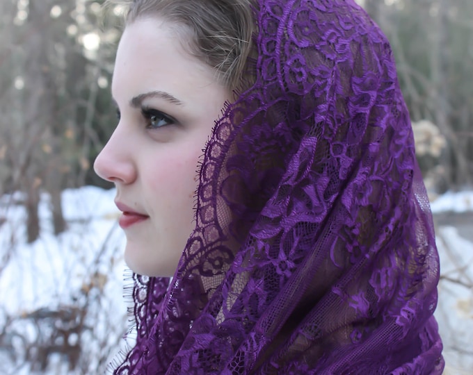 Evintage Veils: READY TO SHIP Lent/Advent Purple Spanish Style Lace Infinity Veil Chapel Veil Mantilla