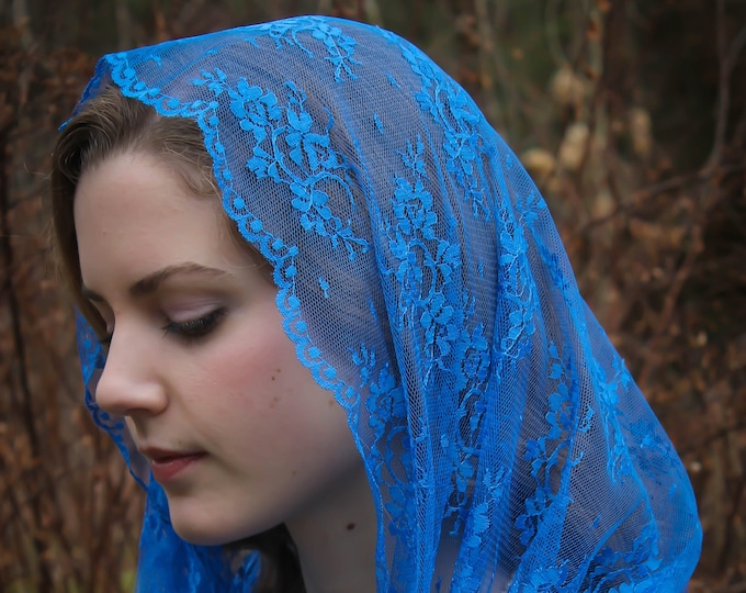 Evintage Veils: READY TO SHIP Our Lady Queen of Peace Royal Blue Chantilly Lace Infinity Mantilla Chapel Veil
