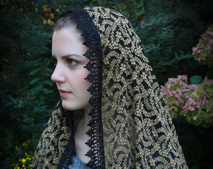 Evintage Veils~ Traditional Gold & Black Vintage Inspired Lace D Shaped  Mantilla Chapel Veil (Soft)