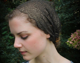 Evintage Veils~ So Soft Headwrap Embroidered Gold Shimmer/Black  Lace Headband Kerchief Tie-style Head Covering Church Veil