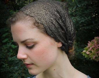 Evintage Veils~ So Soft Headwrap Embroidered Gold Shimmer/Black  Lace Headband Kerchief Tie-style Head Covering Church Veil