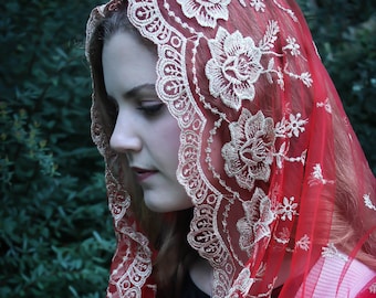 Evintage Veils~ Our Lady of Guadalupe Lovely Pentecost Red Embroidered  Traditional Vintage Inspired Infinity Veil Mantilla Chapel Veil